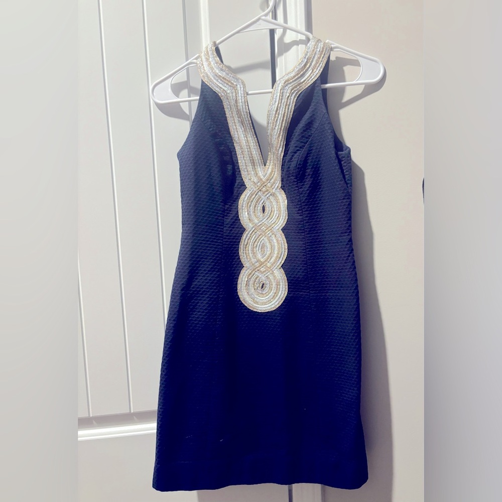 Lilly Pulitzer cocktail dress- navy. Gold and shimmer detail